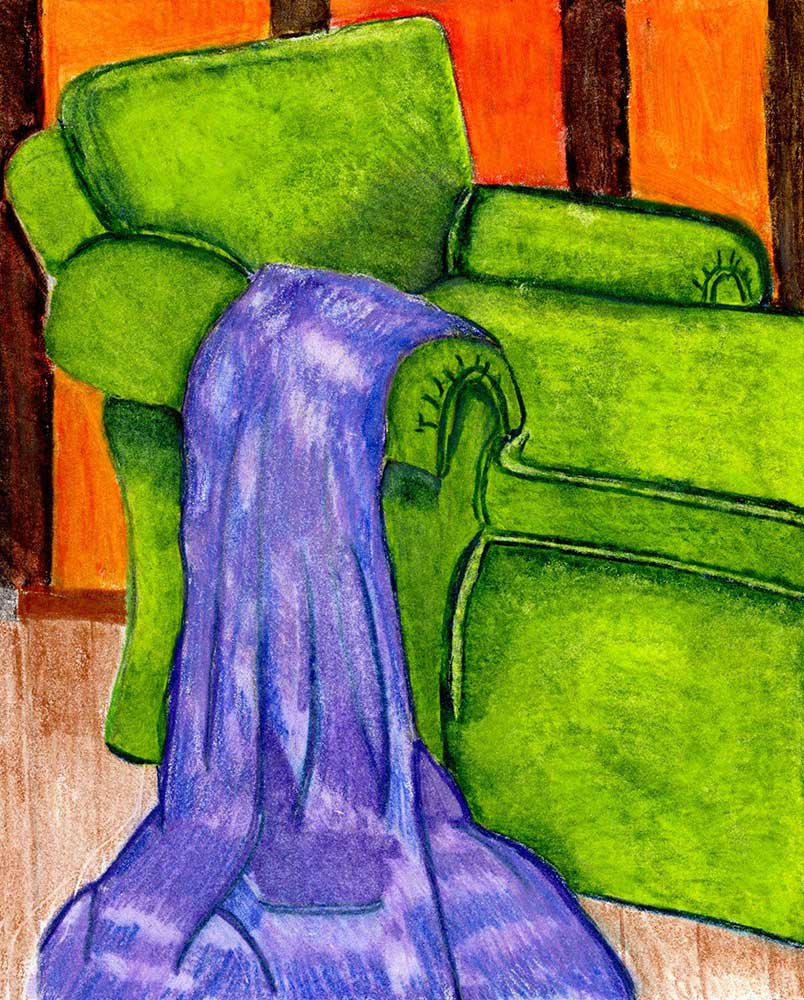 Green Chair with Purple Blanket